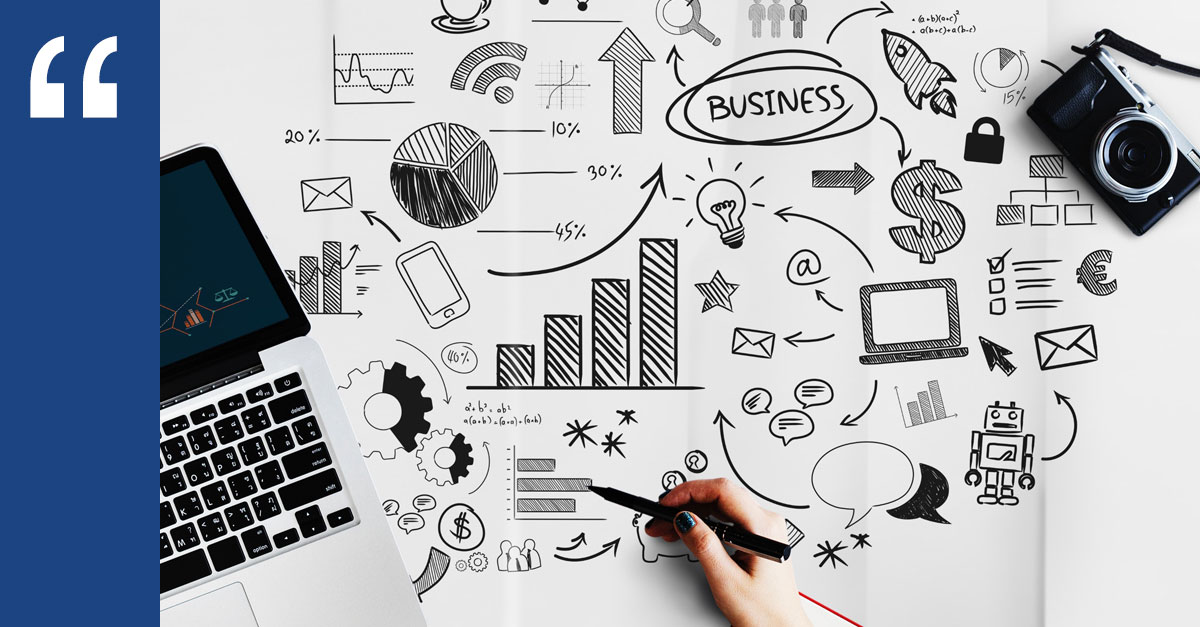 Business strategy sketch with laptop and icons